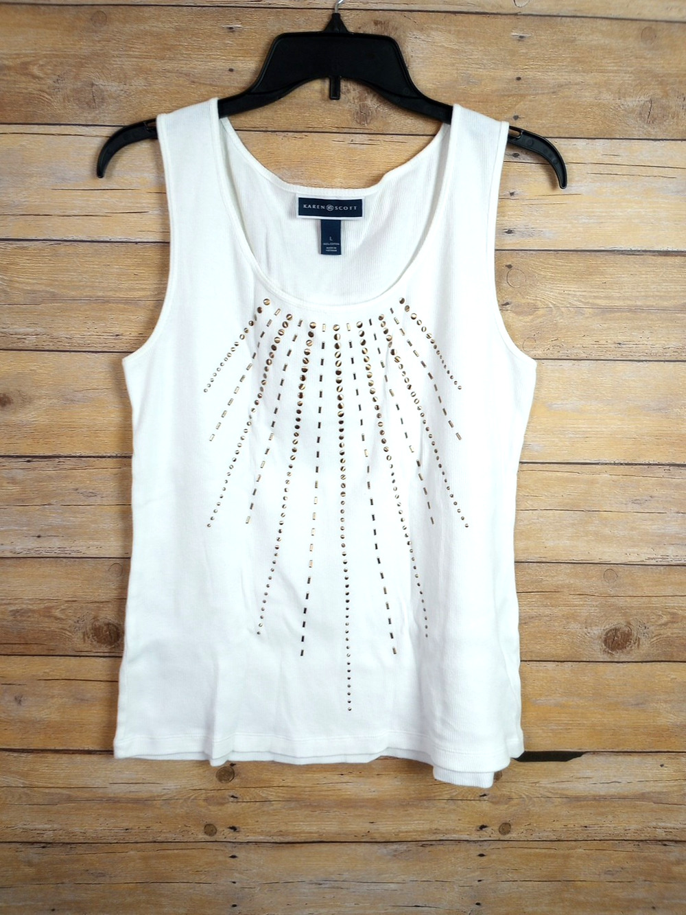 Karen Scott Women Tank Top Shirt Large White Copper Studs Ribbed Scoop Neck